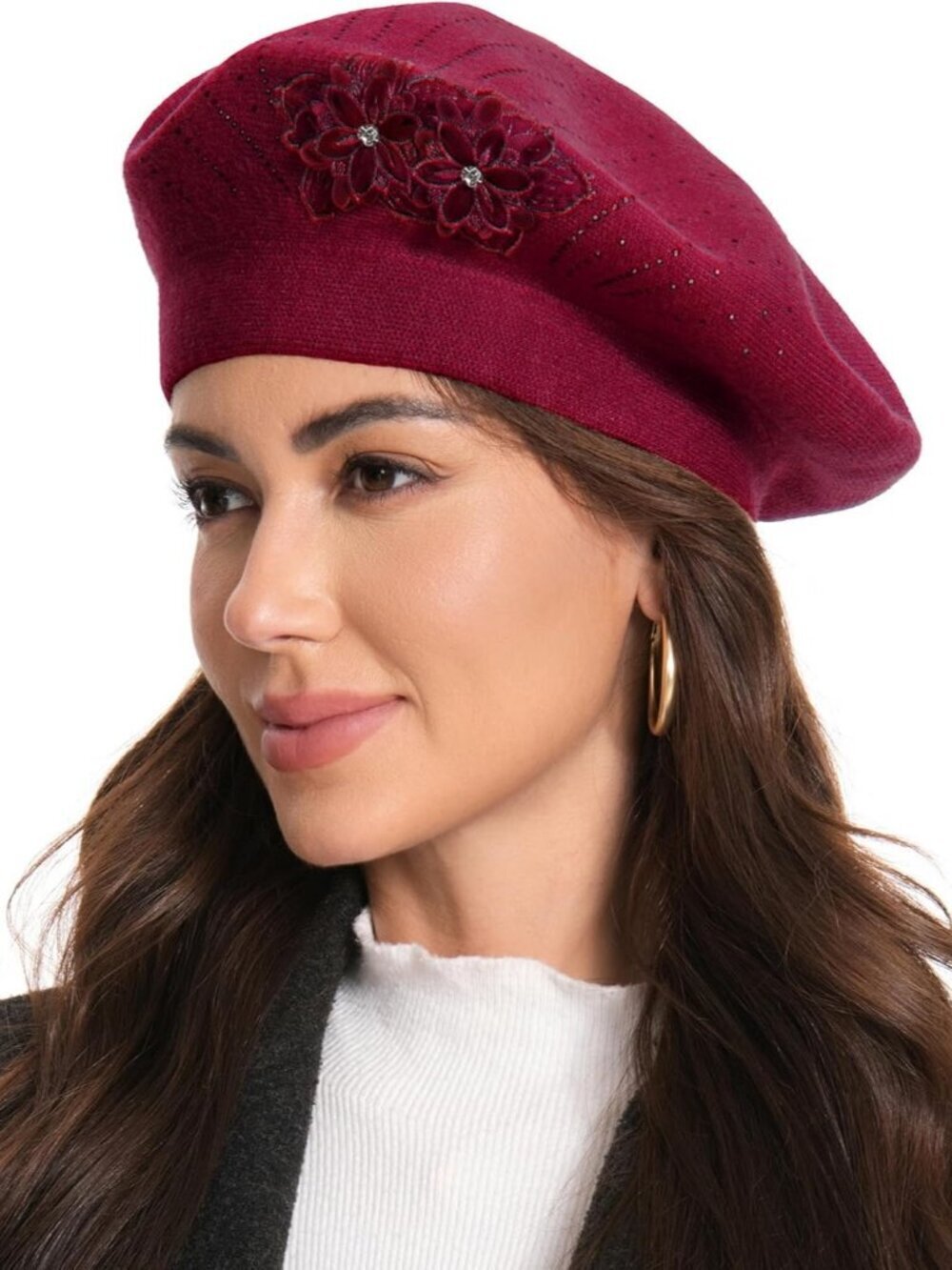 Women's French Style Flower Knitted Embroidery Beret Hats Wine Red